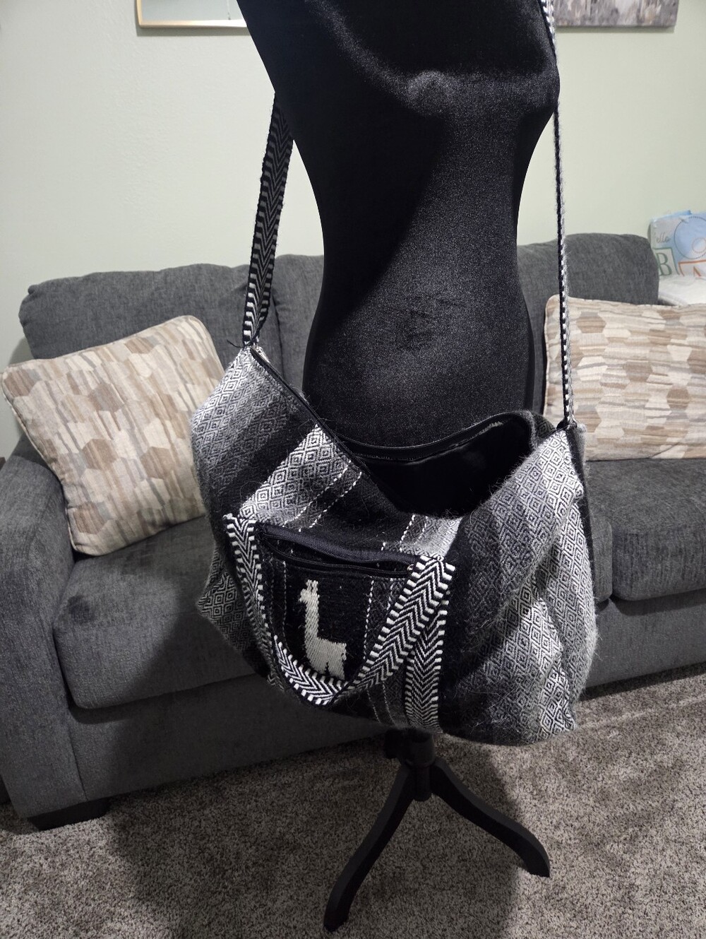 Black & Gray Patterned Shoulder Bag with Alpaca Motif